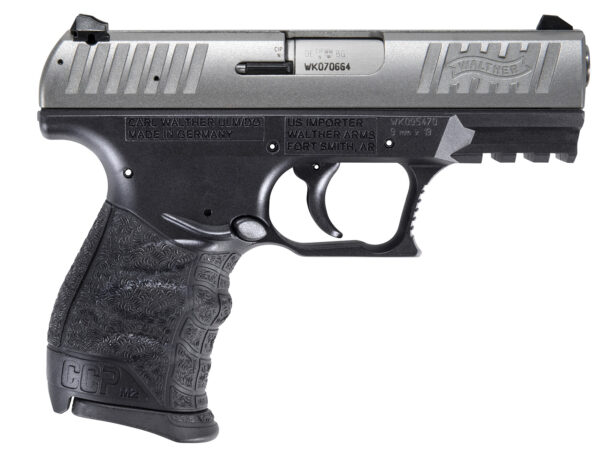 Walther Arms 5083501 CCP M2 + 9mm Luger 8+1 3.54" Barrel, Black Finish Picatinny Rail Frame, Serrated Sliver Stainless Steel Slide, Finger Grooved Polymer Grip