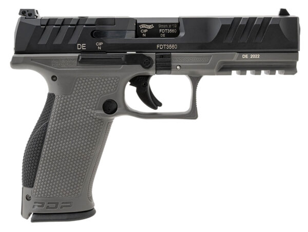 Walther Arms 2858371 PDP  9mm Luger 18+1 4.50" Black Polygonal Rifled Barrel, Black Optic Ready/Serrated Slide, Gray Polymer Frame w/Picatinny Rail, Black Performance Duty Texture Grips, Ambidextrous