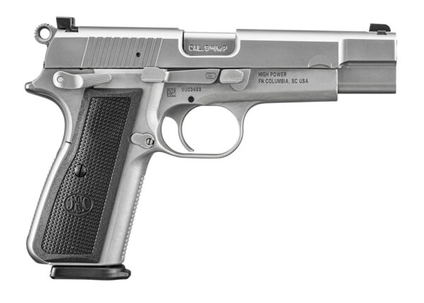 FN 66101068 High Power  9mm Luger 17+1, 4.70" Black Target Crown Steel Barrel, Stainless PVD Serrated Steel Slide, Matte Stainless Steel Frame w/Beavertail, Black Textured Polymer Grip, Ambidextrous