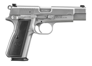FN 66101116 High Power  9mm Luger 10+1 4.70" Black Target Crown Steel Barrel, Stainless PVD Serrated Steel Slide, Matte Stainless Steel Frame w/Beavertail, Black Textured Polymer Grip, Ambidextrous