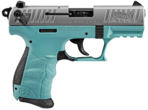 Walther Arms 5120362 P22 *CA Compliant 22 LR 10+1 3.42" Stainless Steel Serrated/Steel Slide, Angel Blue Polymer Frame w/Picatinny Rail, Black Interchangeable Backstrap Grips