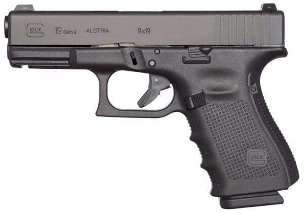 Glock UG1950203 G19 Gen4 Compact 9mm Luger 4.02" 15+1 Overall Black Finish with Steel Slide, Finger Grooved Rough Texture Interchangeable Backstraps Grip & Fixed Sights (US Made)