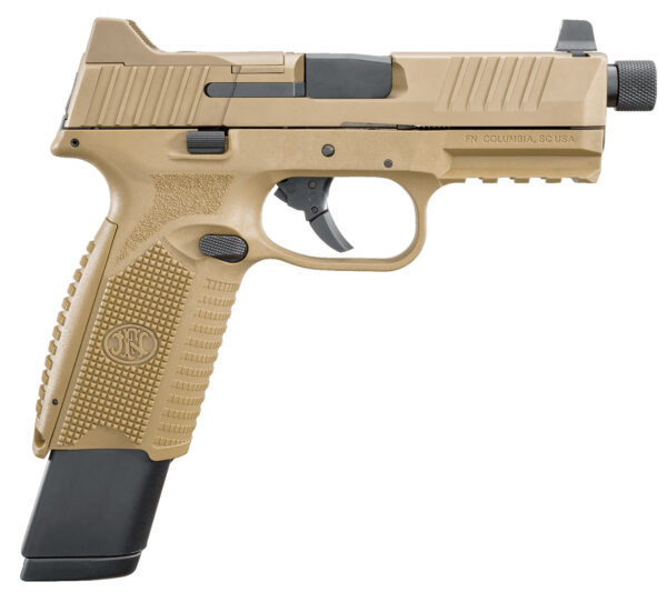 FN 66100373 509T  9mm Luger 17+1/24+1 4.50" Black Steel Threaded Barrel, Flat Dark Earth Optic Cut/Serrated Stainless Steel Slide, Flat Dark Earth Polymer Frame w/Picatinny Rail